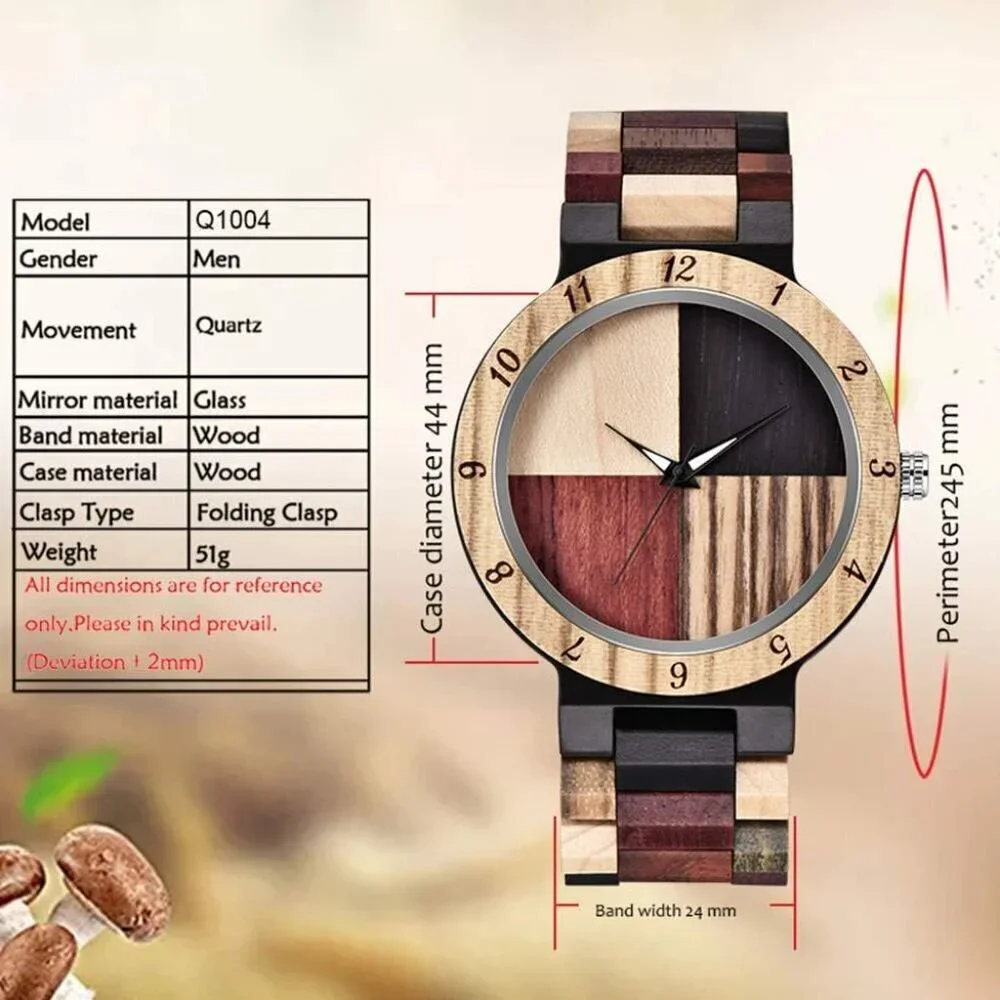 Men's Khaki Geometric Creative Quartz Hand-made Tang Buckle Wooden Watches